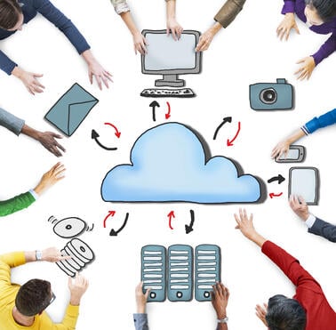 a cartoon of a cloud and connected people and devices