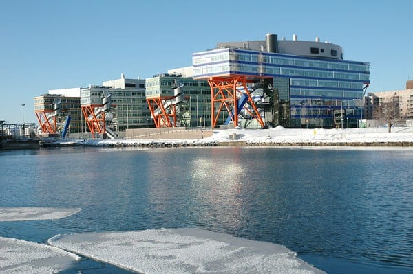 photo over a frozen lake of the F-Secure cybersecurity company headquarters in Helsinki Finland