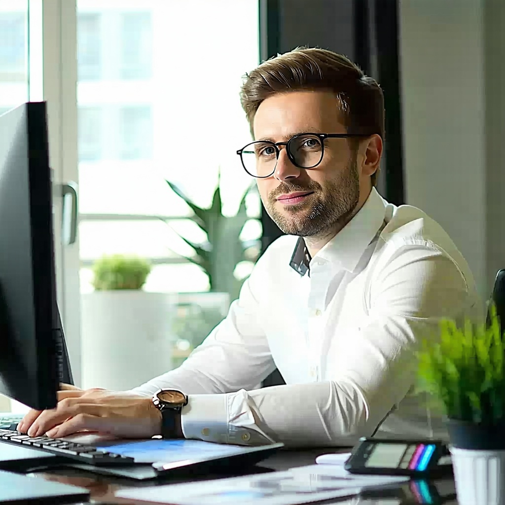 Generate an image with a business person at home and use the color theme of 194bb1