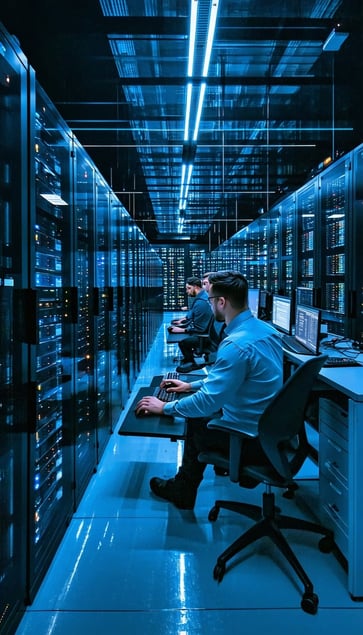The scene unfolds within a bustling security data center where a diverse group of technicians is intently engaged in their tasks Bright screens flicker with streams of data illuminating their focused faces as they monitor network activity and analyze