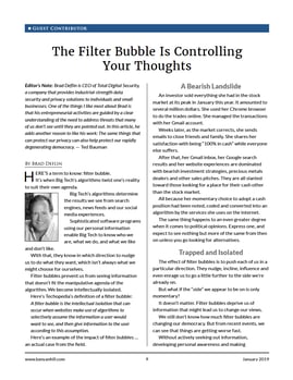 cover page of Ted Bauman letter on privacy and Brad Deflin on filter bubbles