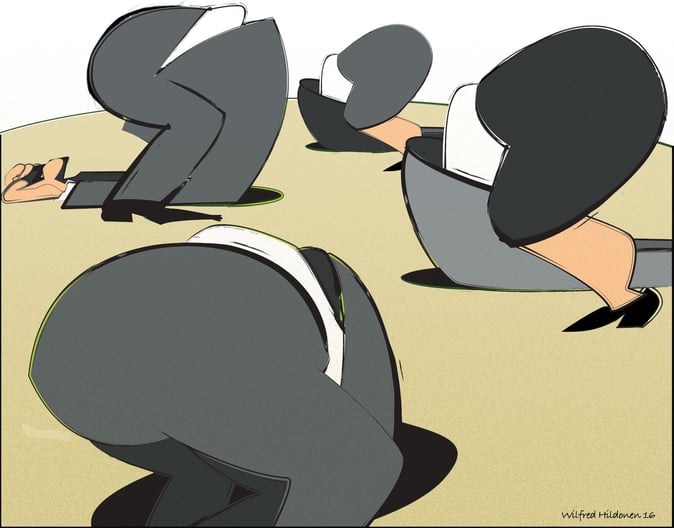 cartoon of executives bending over with their heads in the sand