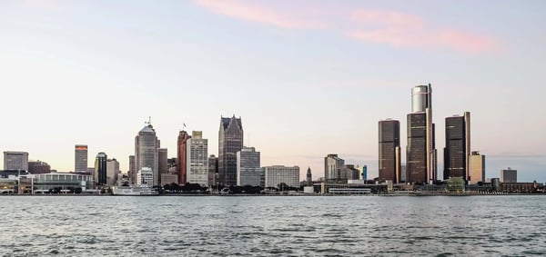 Detroit skyline from the lake at sunset in color