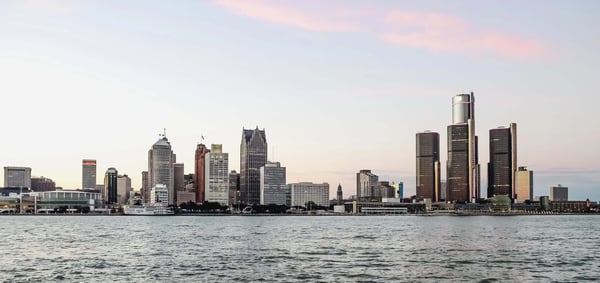 Detroit skyline from the lake at sunset in color