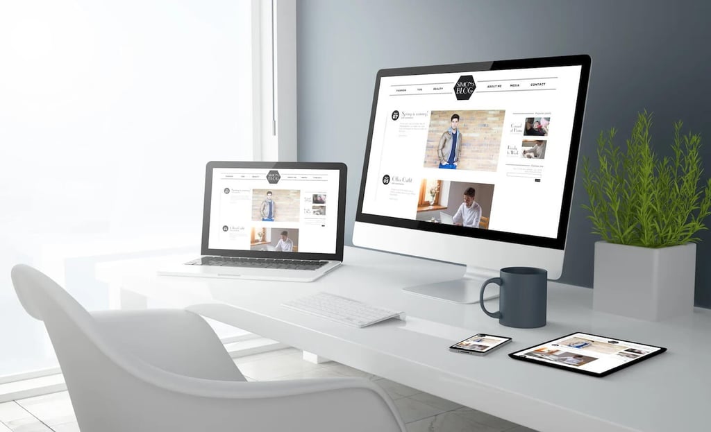 an office in all white with numerous digital devices