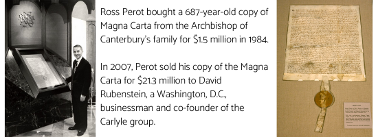 Ross Perot bought a 687-year-old copy of Magna Carta for $1.5 million in 1984.