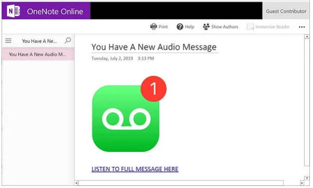 Screen Shot of OneNote Audio message scam
