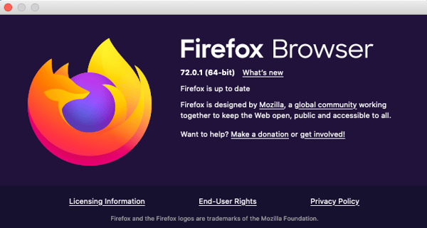 Firefox Browser updated version 72.0.1 screenshot.