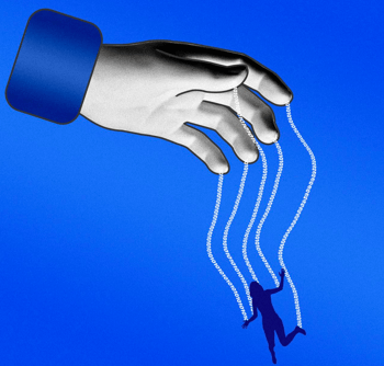 WSJ image of a hand and puppet with blue background