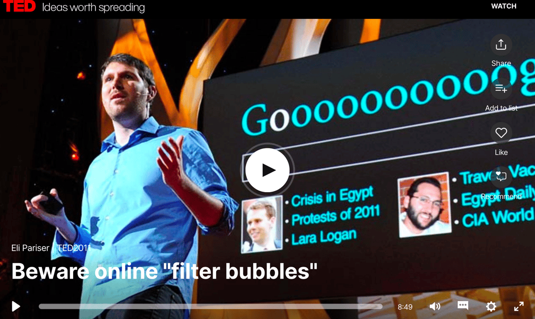 Screen Shot of Eli Parier TED talk on filter bubbles