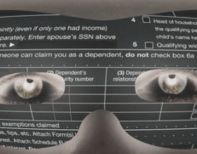 superimposed images of burglar's eyes behind an IRS form 1040