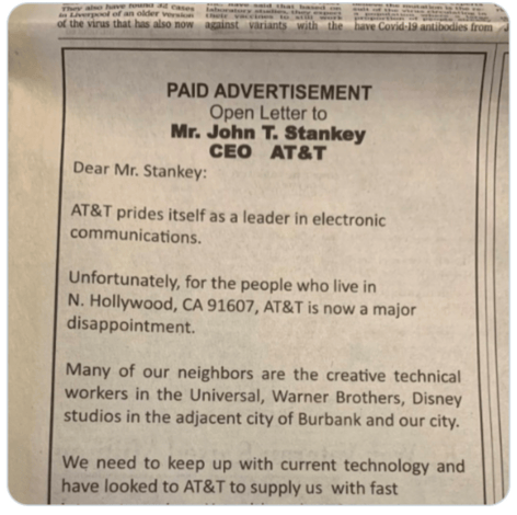 An ad in the Wall St Journal from an angry AT&T internet customer