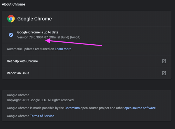 Screen Shot Google Chrome update version 78.0.3904.87 for Windows, Mac, and Linux operating systems.