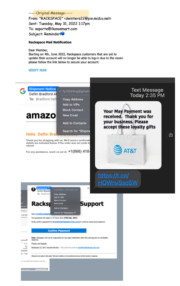 a screenshot of various phishing and smishing attempts