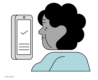 cartoon drawing of a senior looking at a computer device on the internet