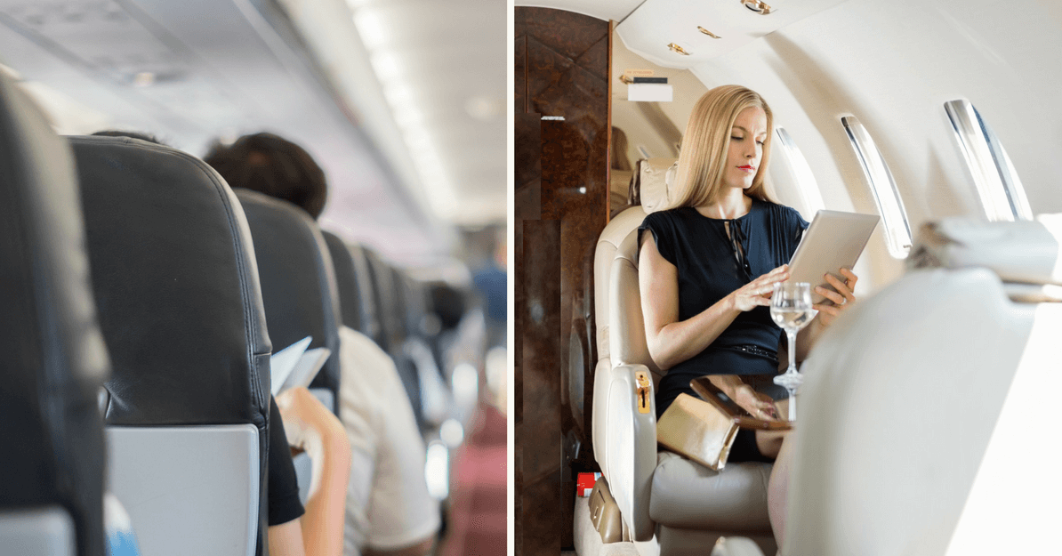 coach class crowds in an airplane vs private jet experience