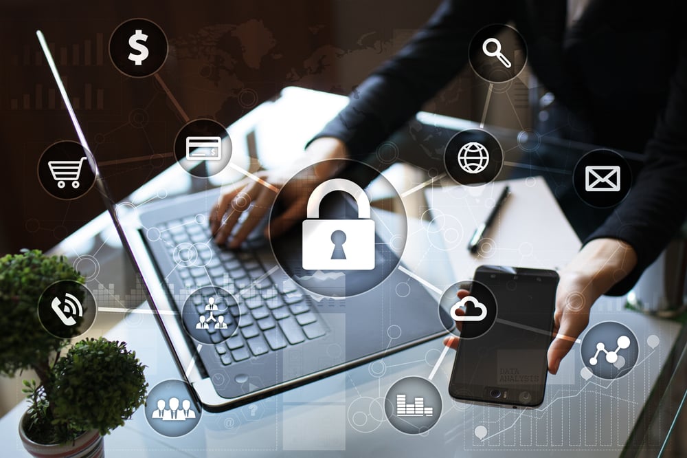 photo-graphic of laptop and security icons with a person and phone photo-graphic of laptop and security icons with a person and phone