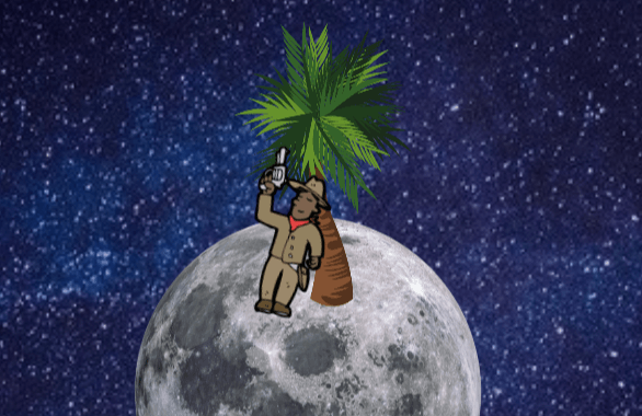 illustration of moon with a cowboy leaning on a palm tree