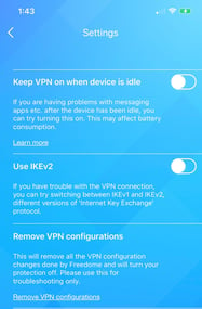 screenshot from iphone freedome vpn app settings page IKEv2-1