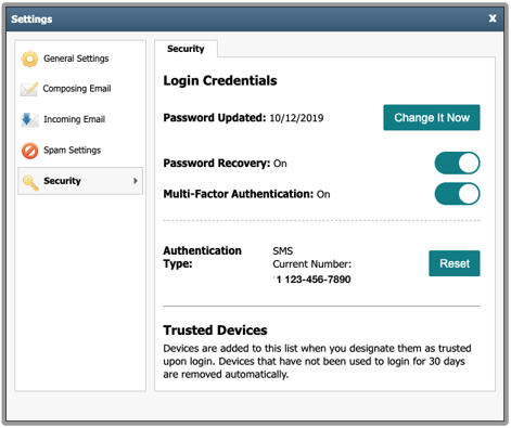 screenshot of multifactor authentication security settings in private email-png