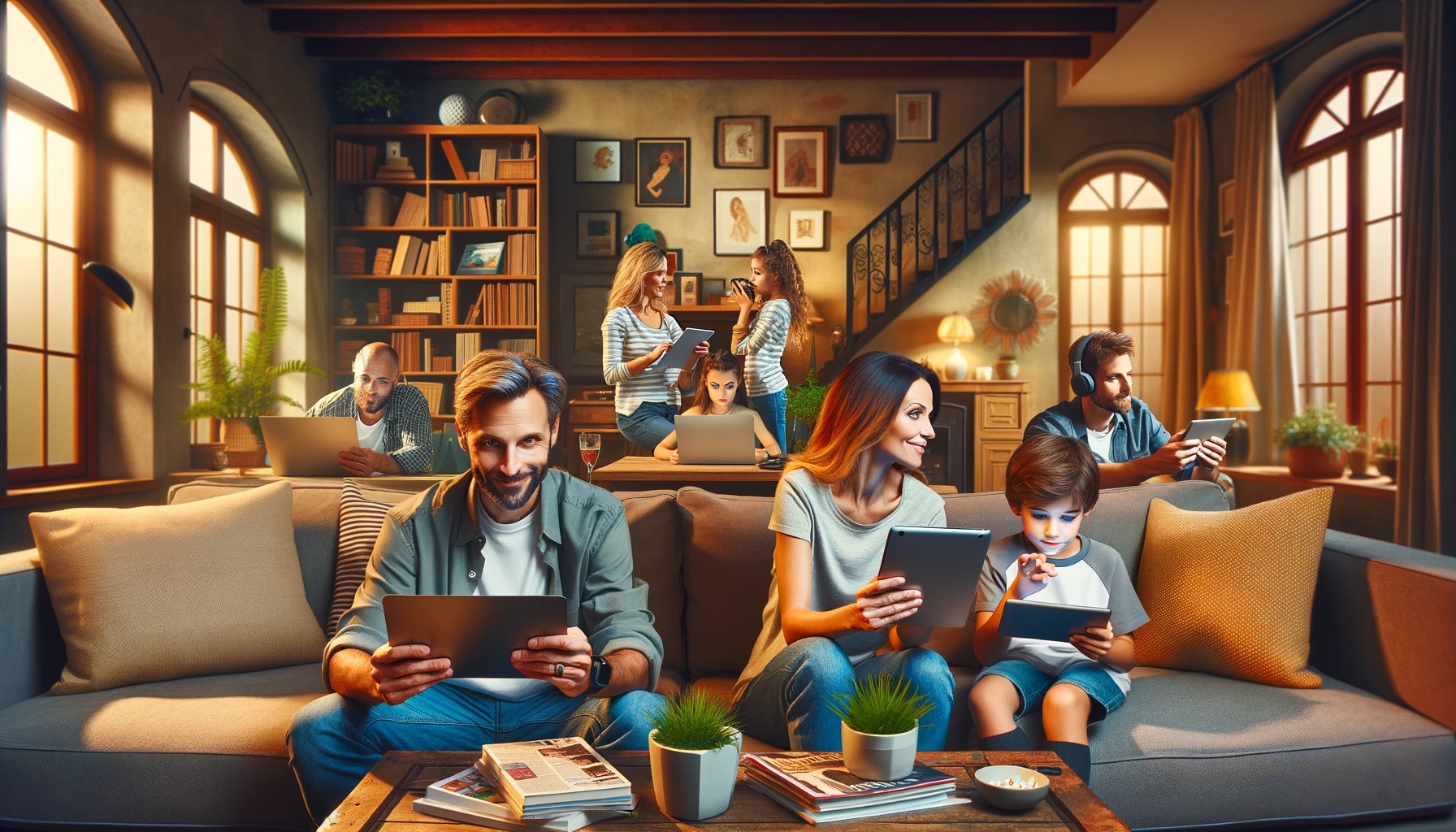 Family at home on their internet network and devices with cybersecurity and privacy.