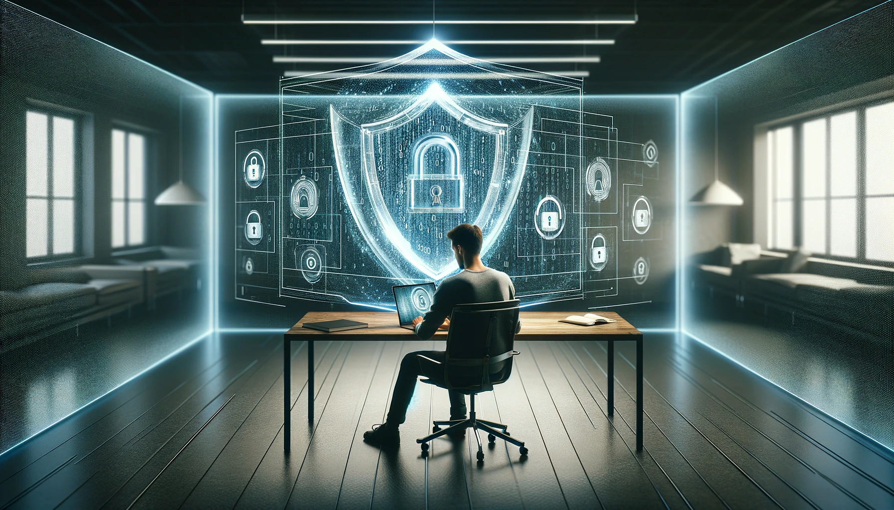 image of individual at desk with an ecosystem of cybersecurity and privacy.