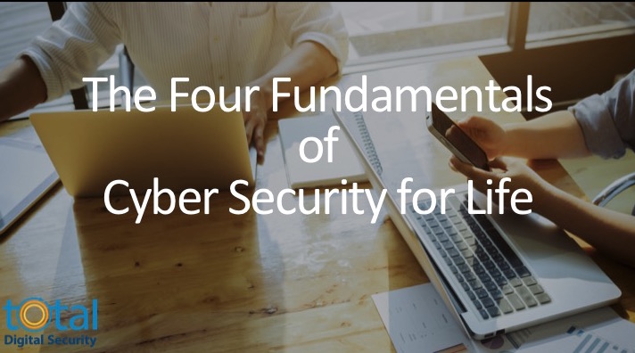 banner of the Total Digital Security Four Fundamentals of Cybersecurity for Life icons