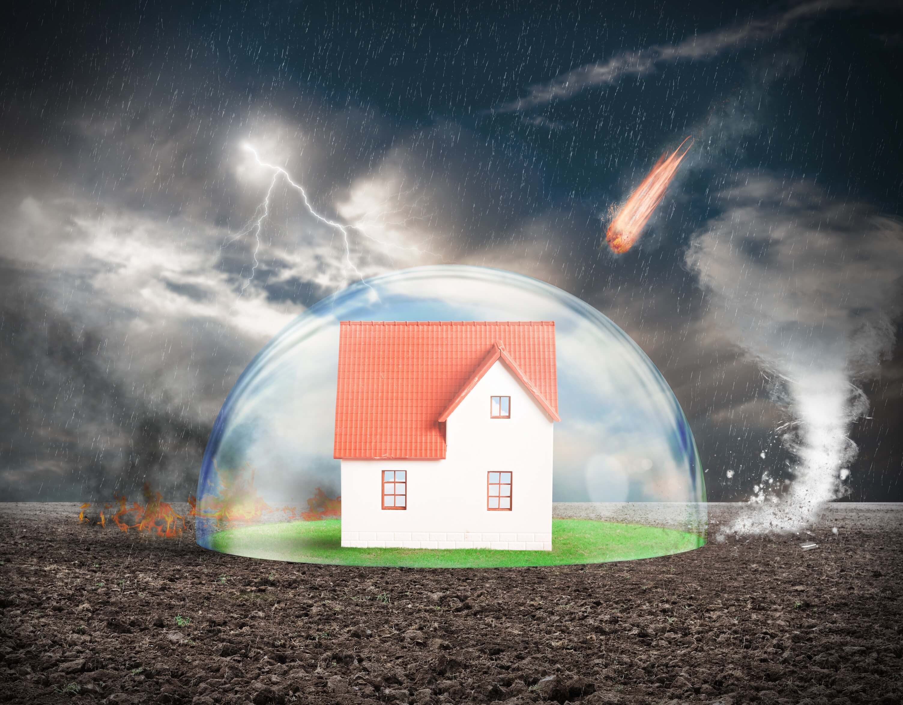 a cartoon image of a home in a protective bubble protecting it from the dangerous storm