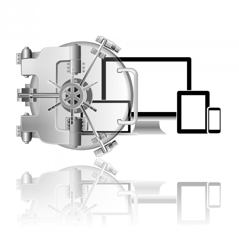 a large silver vault door with computer devices to copy and store estate planning documents in a secure digital vault