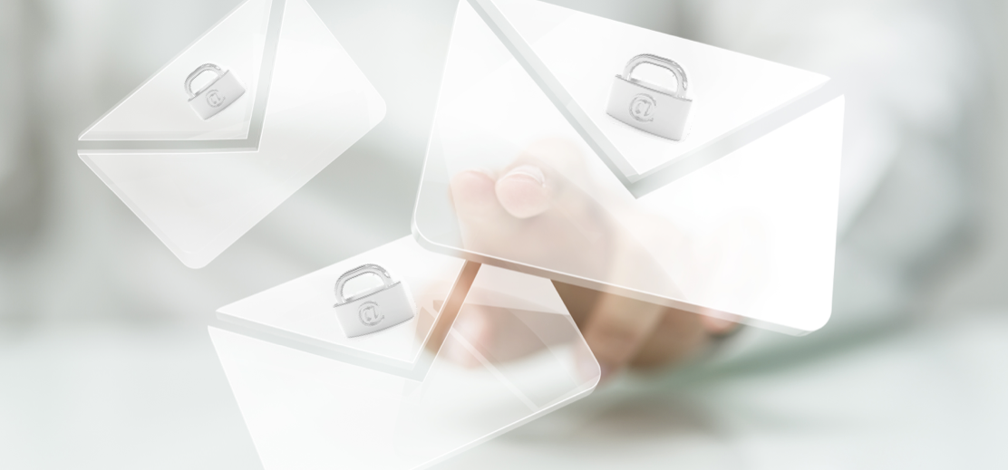 an overlay of white photos with mail envelopes and a lock for email security