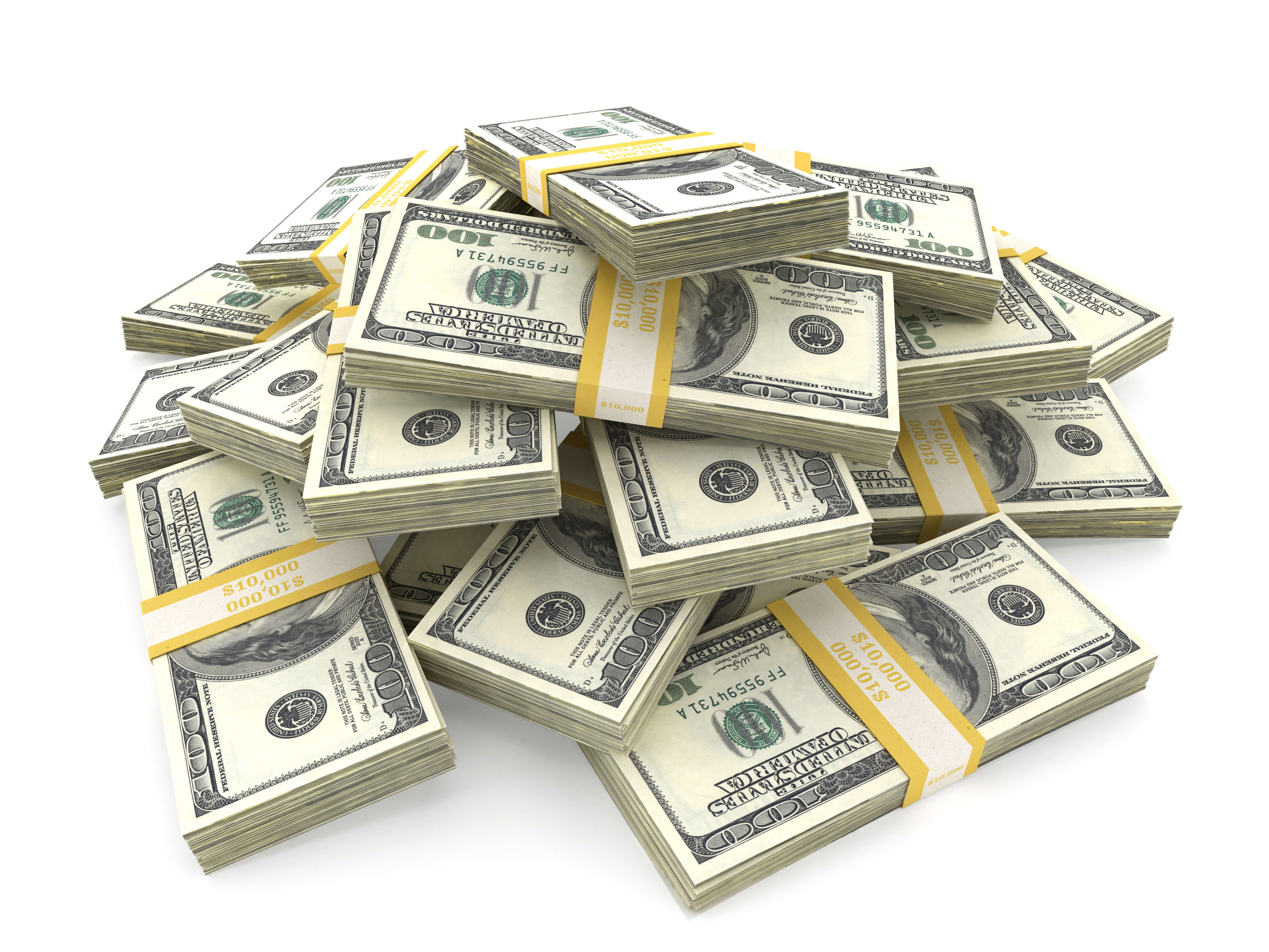 stacks of bundled $100 bills on a white surface