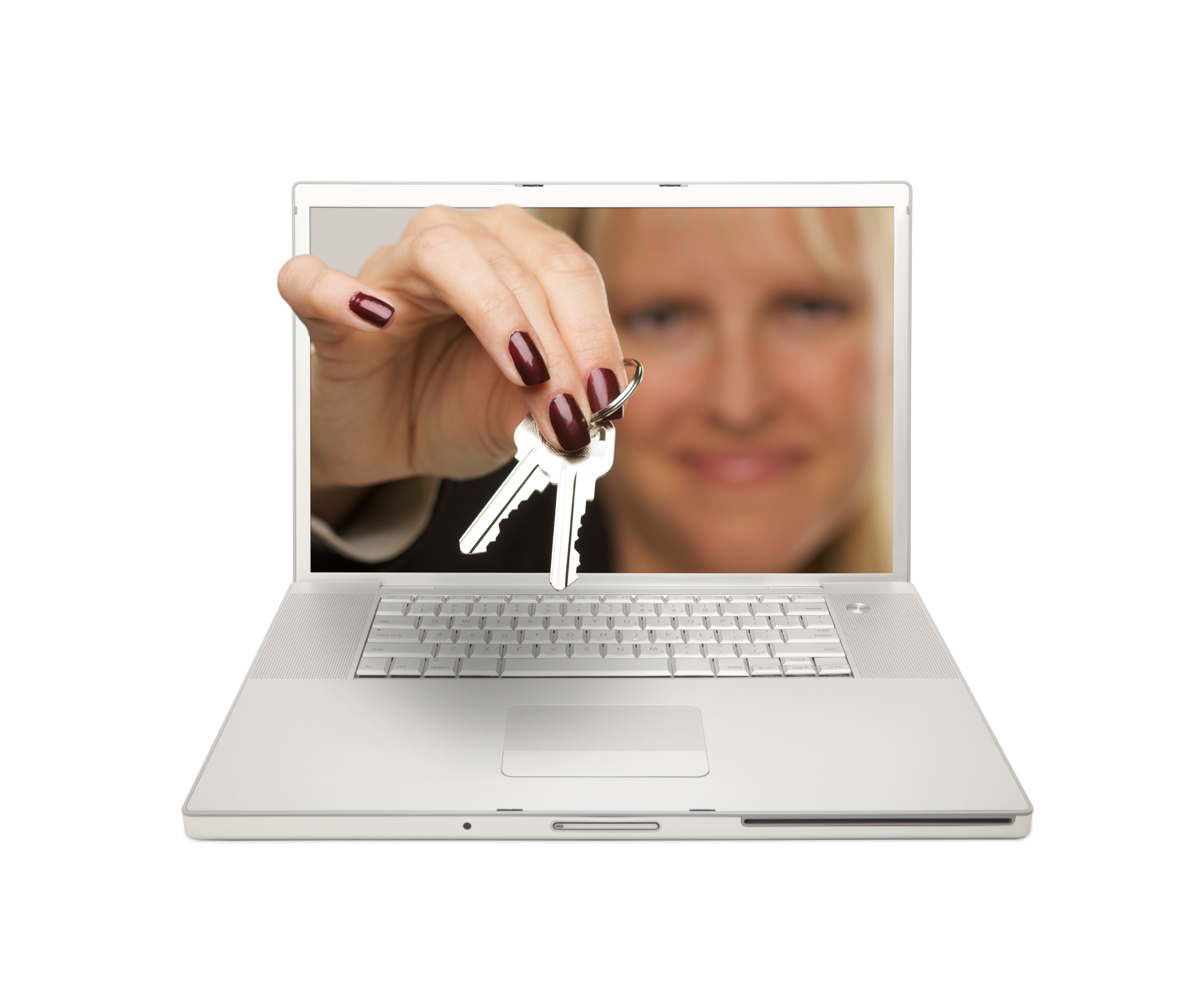 an open laptop with image of woman's face on the screen holding keys to new house