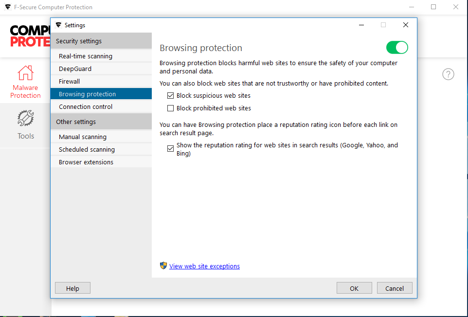 Screen shot of Device Protection from F-Secure - Browsing Protection. 