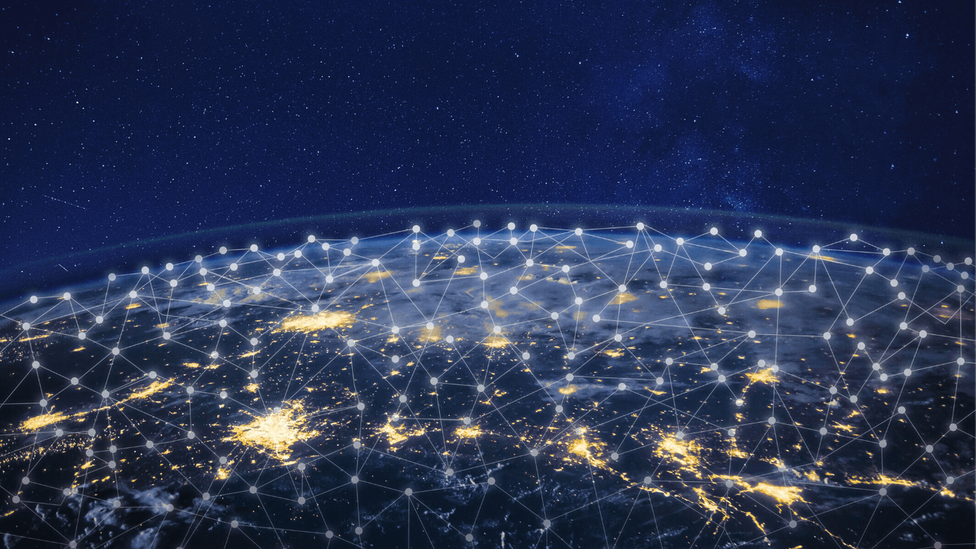 view of earth from space with an overlay of internet network nodes